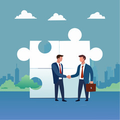 Collaborate, cooperate or partnership and agreement to help business success, together or teamwork support each other concept, success businessmen finish deal and handshake on jigsaw puzzl