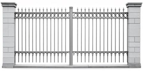 wrought iron fence with wall border in grey color isolated on white