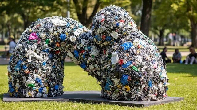 A large abstract sculpture, formed of compressed and solidified plastic waste, is displayed on a dark base in a grassy park setting. 