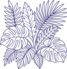 Tropical leaves composition in line art style with black outlines