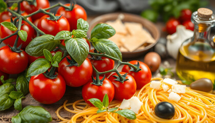 A rustic Italian culinary scene featuring sun-ripened vine tomatoes, fresh basil leaves, al dente spaghetti, briny olives, aged parmesan shavings, golden olive oil, and aromatic garlic cloves., Diff