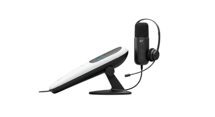 Professional microphone and speakerphone for conference calls and video conferencing system black and white on transparent background