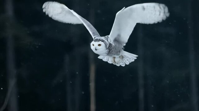 Snowy owl flying gracefully through a dark forest environment  