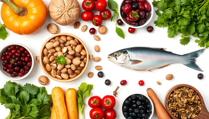 "A nutritious assortment of fresh healthy foods including fish, nuts, protein sources, berries, vibrant vegetables, and ripe fruits arranged neatly on a clean white background from a top-down perspe