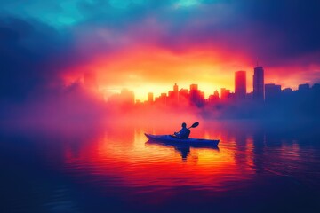 A lone kayaker paddles across a serene lake towards a hazy cityscape at sunset, with vivid colors reflecting on the water.