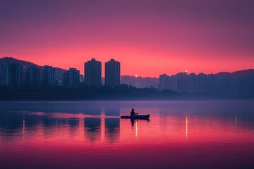 A silhouette of a kayaker on a tranquil lake at dusk with a vibrant pink and purple sky.
