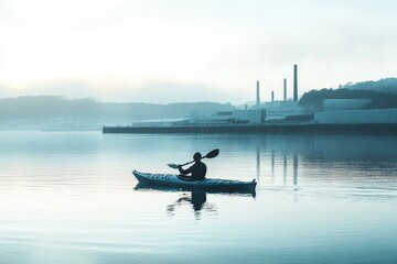 Fototapeta premium A serene scene of a kayaker paddling on calm water with an industrial backdrop in misty, cool tones.