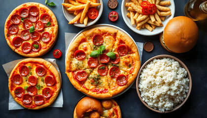 A variety of delicious pizza toppings, crispy beer snacks, juicy burgers, flavorful wok dishes, and steaming rice arranged elegantly from above., Dreamy. isolated with white highlights