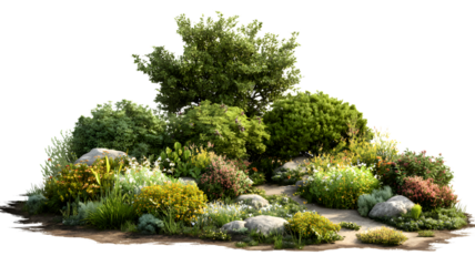 Lush garden scene with diverse flora and natural stone elements captivating tranquility and evoking a serene environment with detailed renderings.