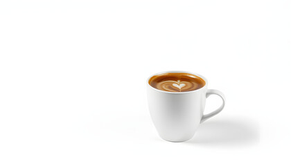 A creamy latte coffee in a white mug isolated on a plain white background with a clipping path, Dynamic motion. isolated with white highlights