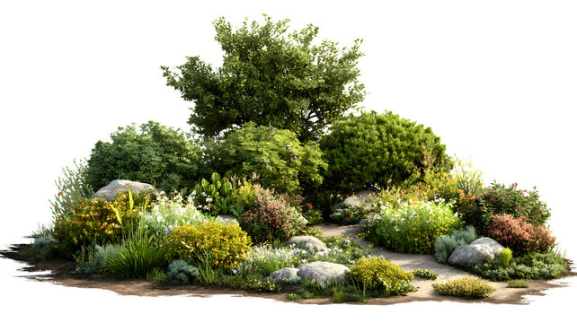 Lush garden scene with diverse flora and natural stone elements captivating tranquility and evoking a serene environment with detailed renderings.