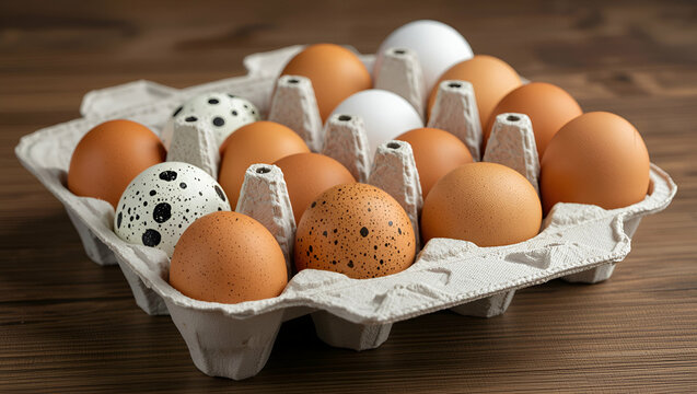 Brown Speckled White Eggs Carton Wooden Table brown eggs