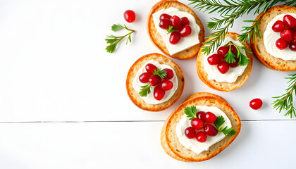 Festive crostini bites topped with creamy brie, juicy pomegranate seeds, and fresh parsley, arranged elegantly on a rustic white wooden table with ample space for text. Celebratory appetizer display