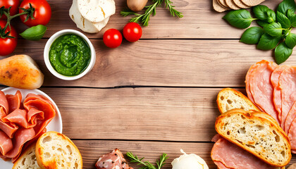 assorted Italian antipasti with ciabatta, pesto, and cured ham on a weathered wooden table, overhead shot, rustic charm, authentic culinary delight, dinamic scene. isolated with white highlights