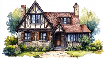 Beautiful Tudor House Watercolor Vector Illustration