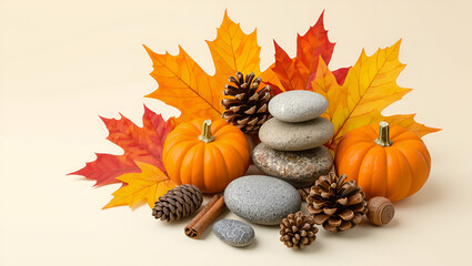 Autumn Still Life Orange Pumpkins Gray Stones Maple Leaves Pinecones