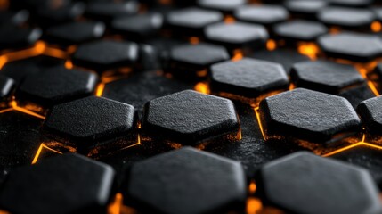 Fototapeta premium Close-up view of dark hexagonal tiles glowing with orange-yellow light