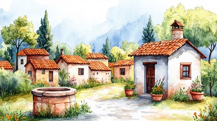 Obraz premium Rustic Village Well and Buildings Watercolor Vector Illustration