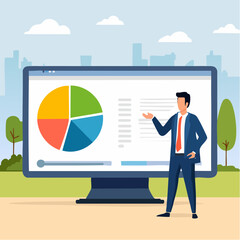 Explainer video online tutorial or training course, expertise explaining business strategy online, movie or education video clip, businessman expert explain business pie chart in video interfac