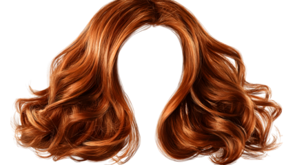 Luxurious auburn hair wig or hairpiece with voluminous waves isolated on isolated on white transparent background for beauty and fashion concepts