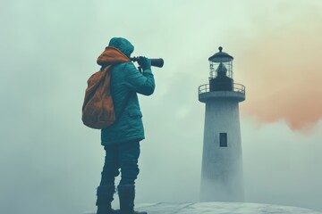 A person with a telescope looks toward a lighthouse shrouded in mist on a foggy day by the ocean.