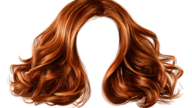 Luxurious auburn hair wig or hairpiece with voluminous waves isolated on isolated on white transparent background for beauty and fashion concepts