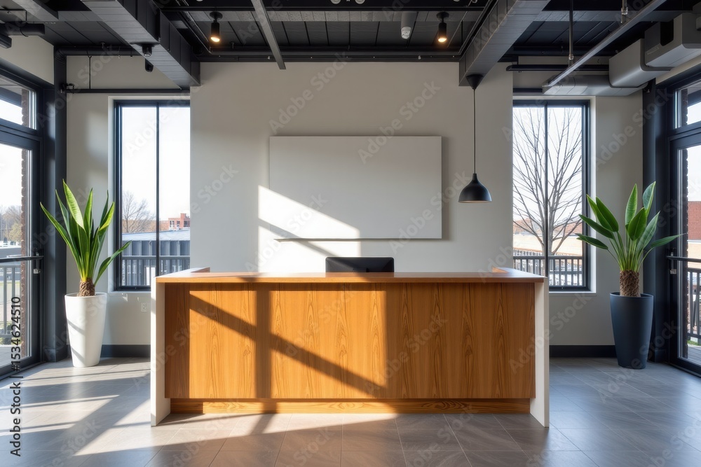 Aufkleber modern reception desk with large windows and greenery in office