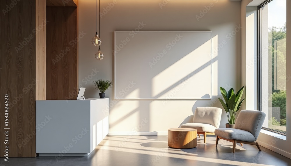 Poster Modern reception area with comfortable seating and large windows  