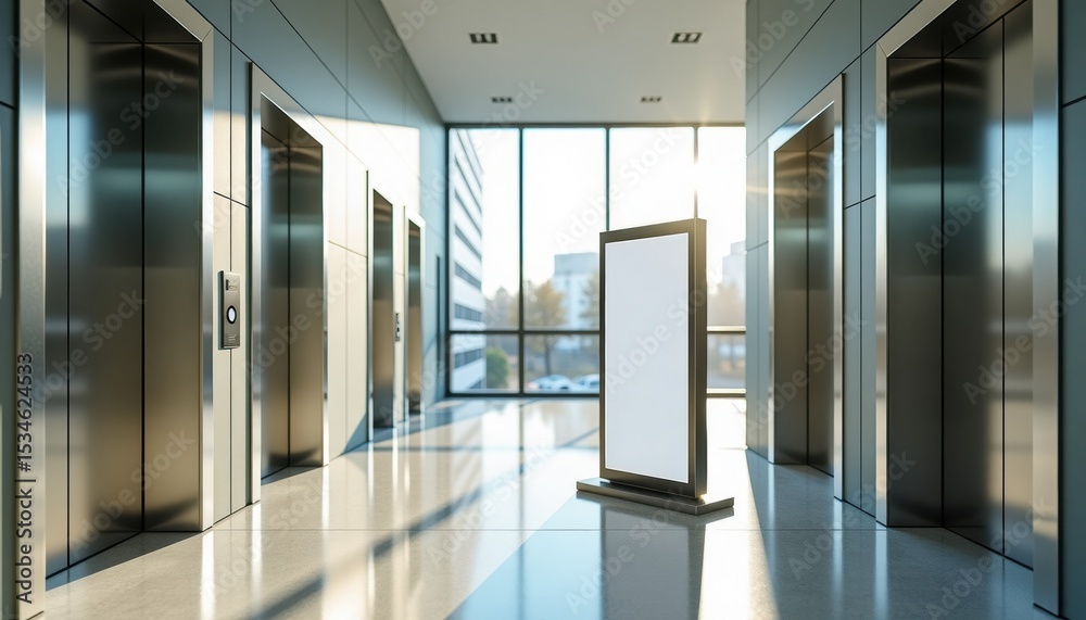 Poster Modern elevator lobby with blank display stand and large windows  