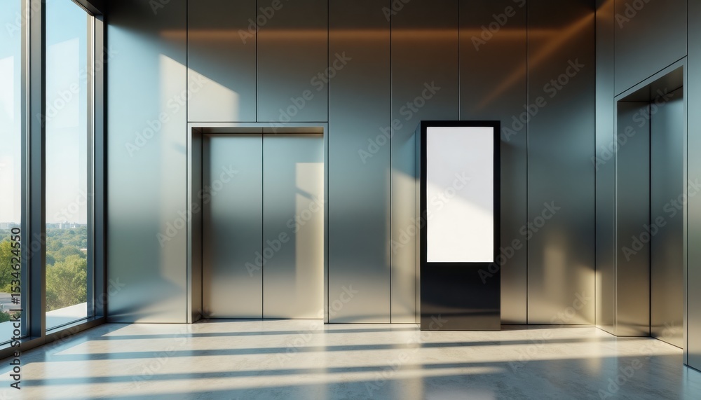 Poster modern elevator lobby with large digital display and glass walls