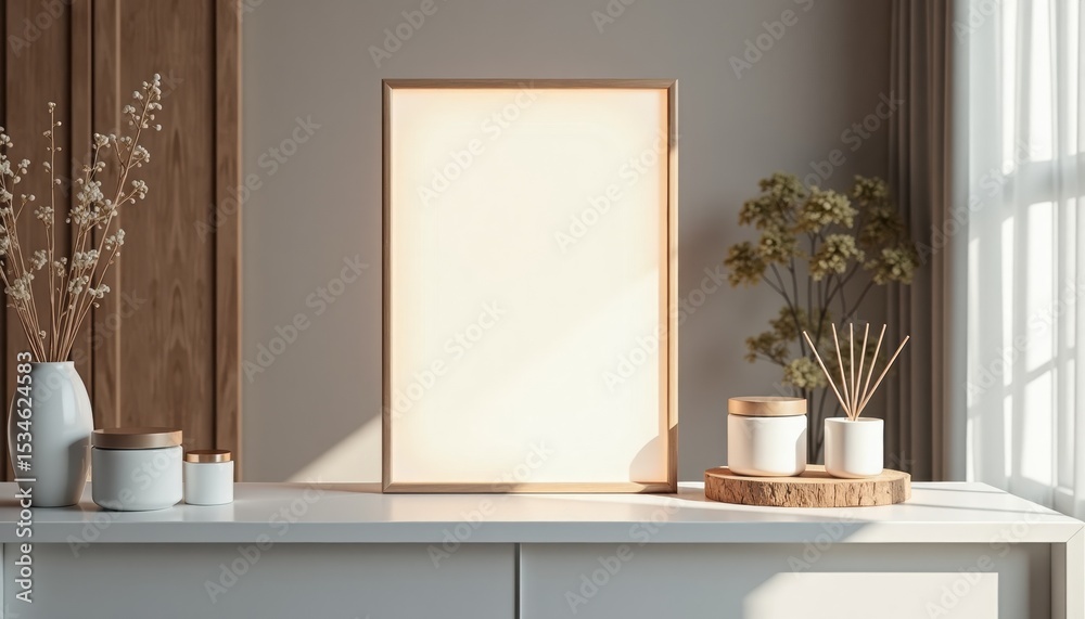 Poster Simple interior with blank frame and decor elements on table  