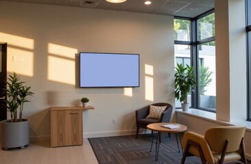 Modern office waiting area with plants and television screen  