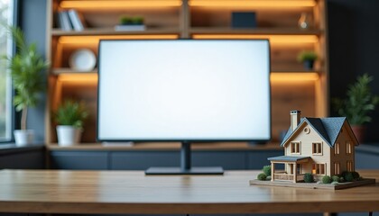 Miniature house model displayed beside blank television screen on desk  