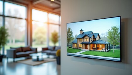 Modern living room with TV displaying house exterior image  