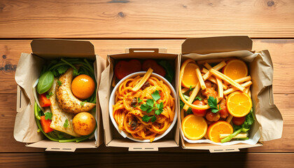 Gourmet meal delivery in elegant takeaway boxes, rustic presentation, overhead shot, ample space for custom text., flat papercut style. isolated with white highlights