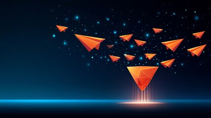 Business leaders flying paper planes shaped like customer reviews into glowing funnel feedback optimization concept