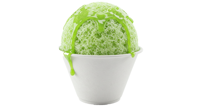 Delicious green apple shaved ice dessert in a white bowl with sweet syrup topping isolated shot image on transparent background