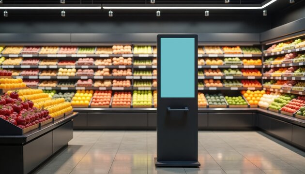 Fresh fruit display with digital kiosk in modern grocery store  