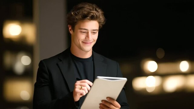Student conducting a political poll with tablet and clipboard results