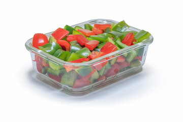 Close-up of freshly chopped red and green bell peppers in a glass bowl on a white background.