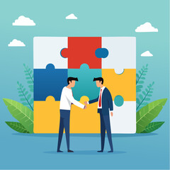 Partnership, teamwork or collaboration to success, solve jigsaw puzzle together, agreement or solution to win corporate trust, cooperation concept, businessman handshake connect jigsaw togethe