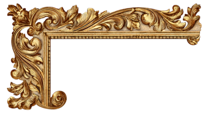 Ornate golden frame corner with detailed baroque scrollwork and intricate leaf designs isolated on black background