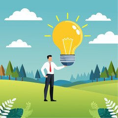 Discover insight or intelligence solution, best result or outcome, solving or finding solution, search new innovation, opportunity or invention, research concept, businessman find new lightbul