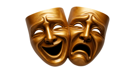 Golden comedy tragedy masks theater drama acting performance arts theatre stage play acting masks on transparent background