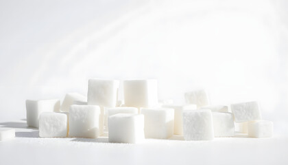 Glistening sugar cubes on a pristine white background, Side lit. isolated with white highlights