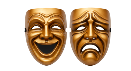 Stock image of comedy and tragedy masks golden theater masks drama masks acting masks theatrical masks on transparent background