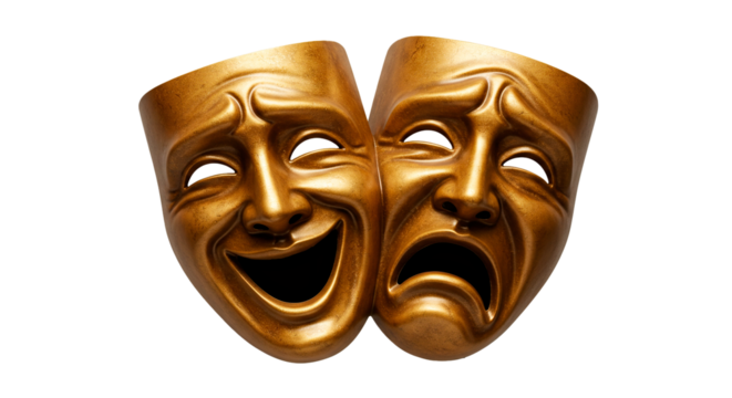 Golden comedy tragedy masks theater drama acting performance arts theatre stage play acting masks on transparent background