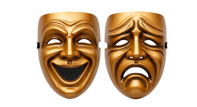 Stock image of comedy and tragedy masks golden theater masks drama masks acting masks theatrical masks on transparent background
