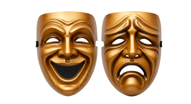 Stock image of comedy and tragedy masks golden theater masks drama masks acting masks theatrical masks on transparent background