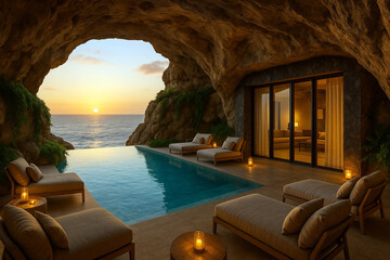 Luxurious outdoor lounge nestled in a rocky cave with a serene infinity pool mirroring the ocean's tranquil hues. Elegant, plush loungers surround the pool, adorned with soft cushions and candles.
